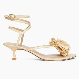 Stuart Weitzman Belize Floral-Appliquéd 50MM Raffia Ankle-Wrap Sandals size 9